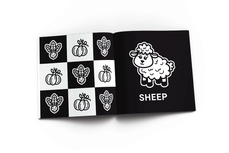 Projekt autorstwa Euflonica Klaudia-Grochowska-Pawłowicz projekt ebooków i książek dla dzieci High Contrast World: FARM wnętrze