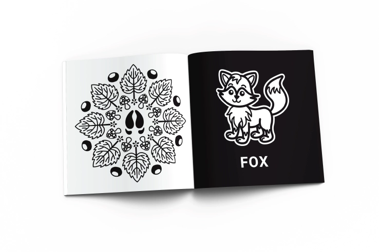 Projekt autorstwa Euflonica Klaudia-Grochowska-Pawłowicz projekt ebooków i książek dla dzieci High Contrast World: FOREST wnętrze