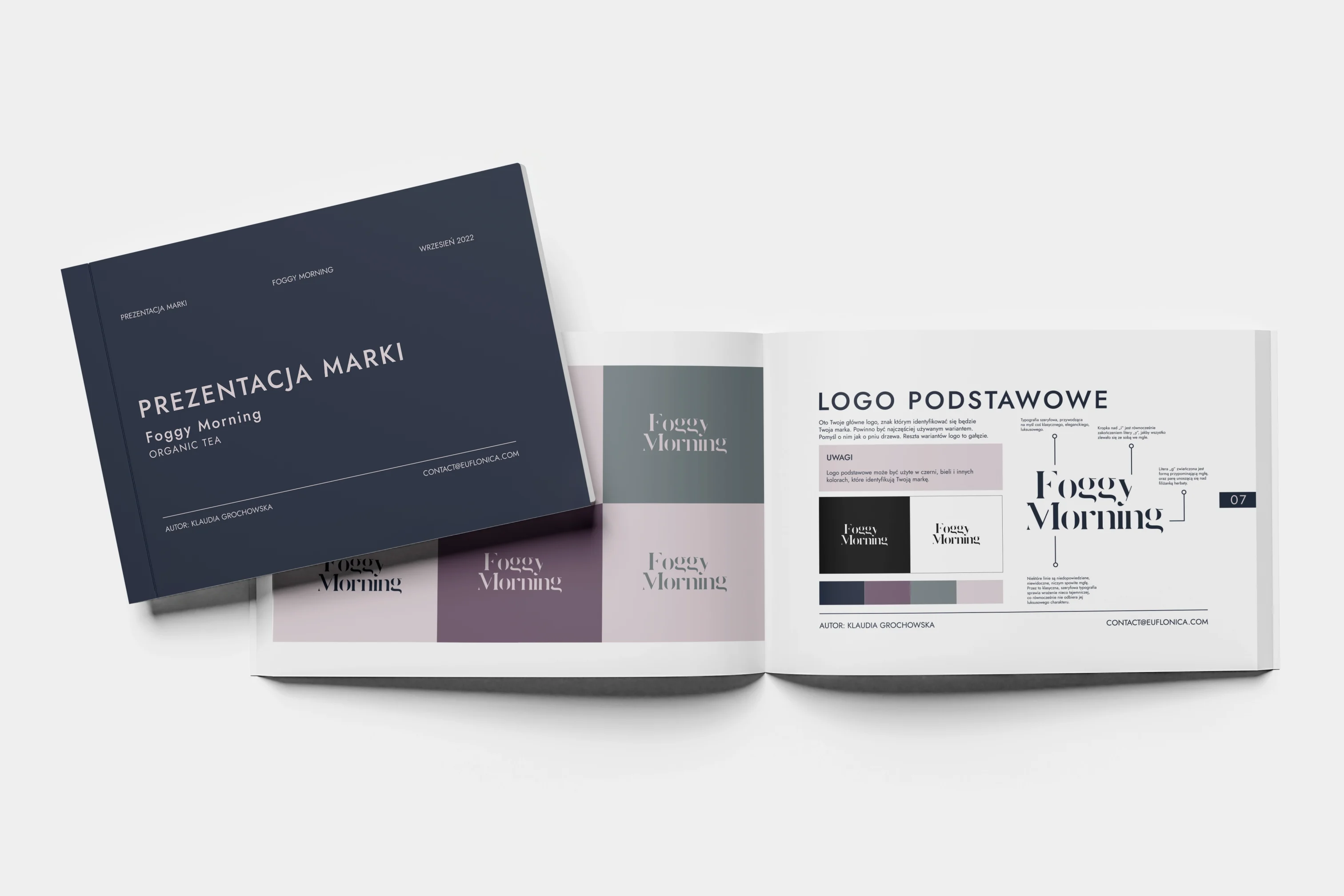 Branding autorstwa Euflonica Klaudia-Grochowska-Pawłowicz prezentacja brand booka marki Foggy Morning herbaty premium