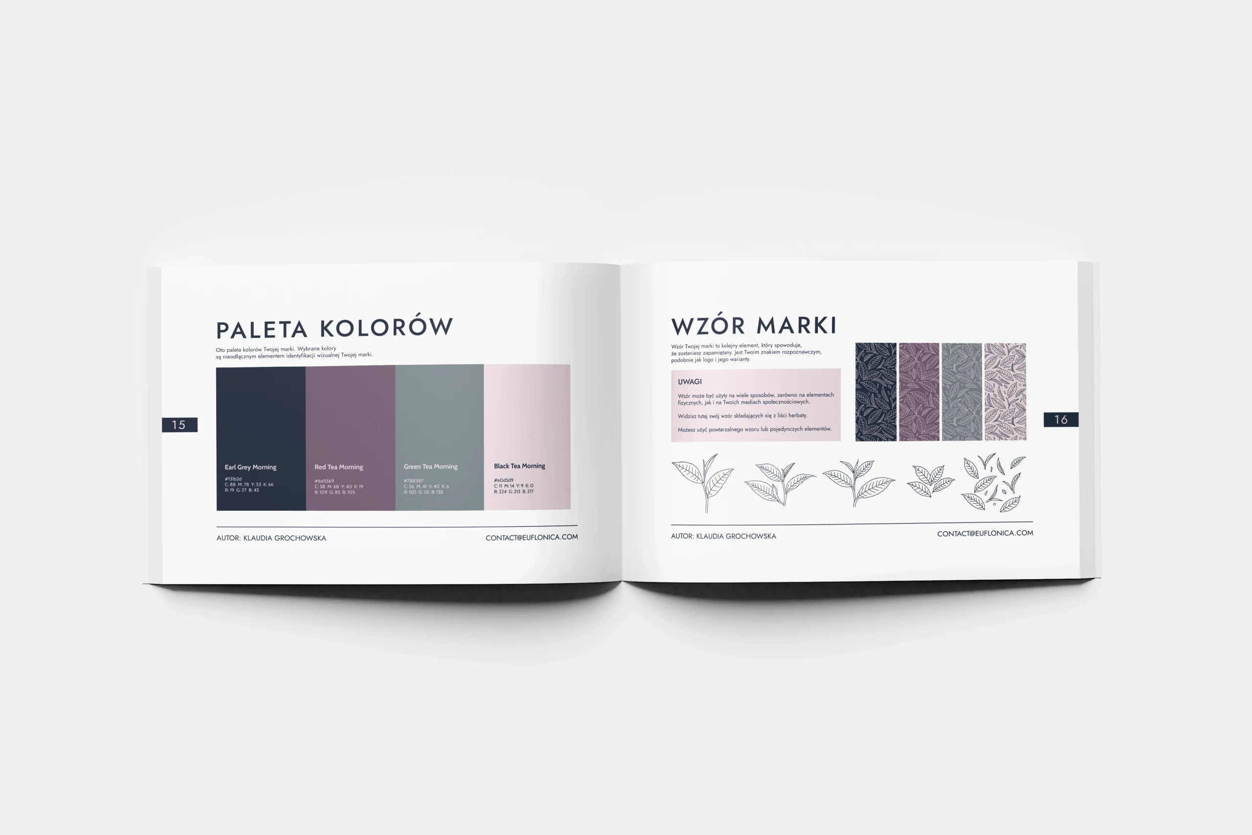 Branding autorstwa Euflonica Klaudia-Grochowska-Pawłowicz fragment brand booka Foggy Morning herbaty premium paleta kolorów wzór marki