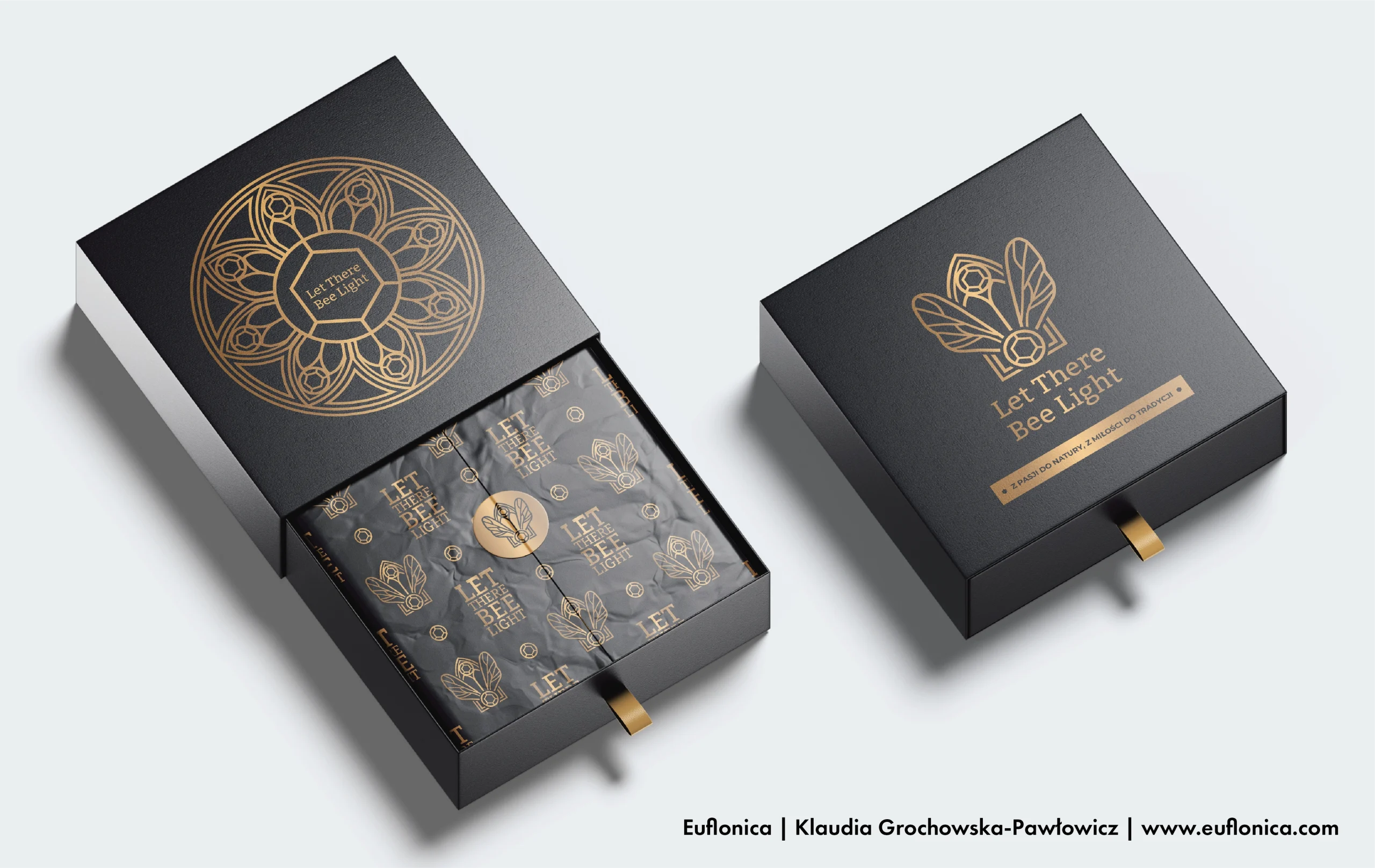 Branding autorstwa Euflonica Klaudia Grochowska-Pawłowicz Let There Bee Light miodyy premium opakowanie zbiorcze do miodów prezent