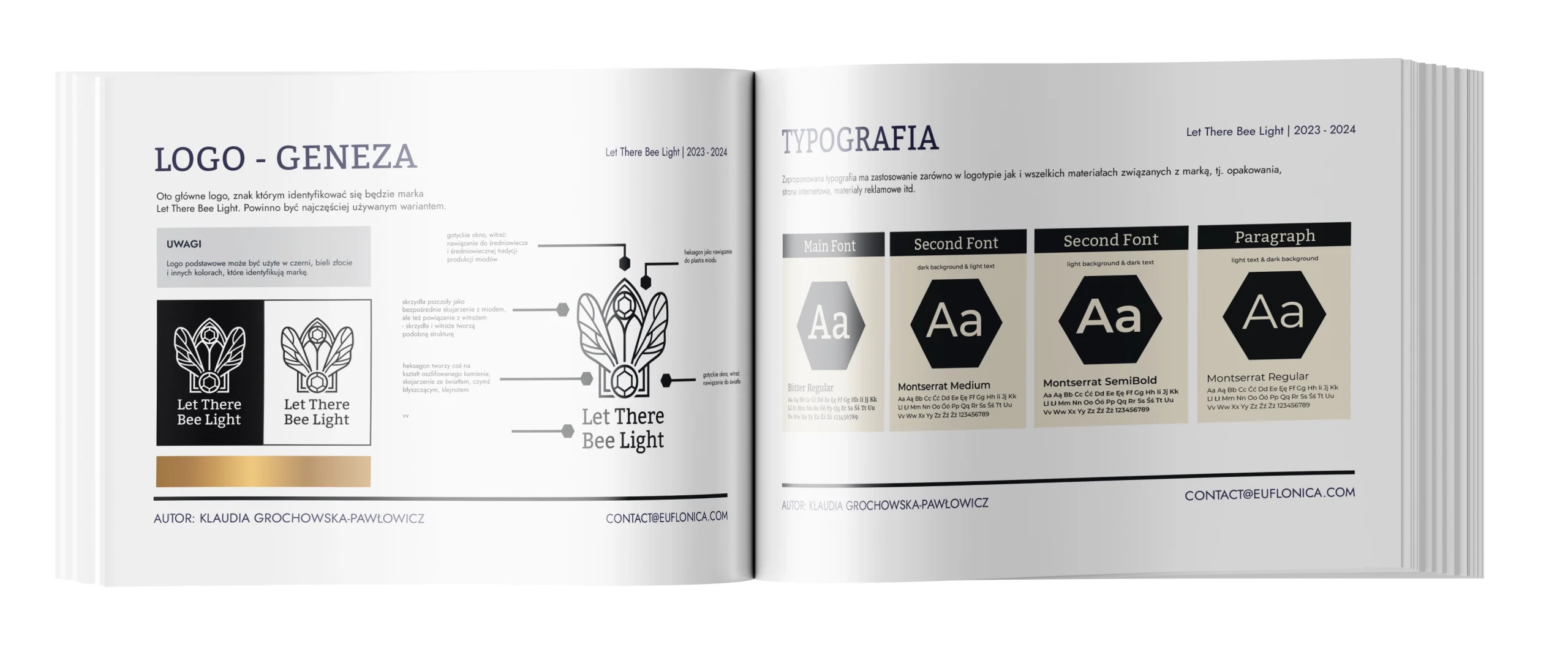 Branding autorstwa Euflonica Klaudia Grochowska-Pawłowicz Let There Bee Light miody premium brand book logo geneza, typografia