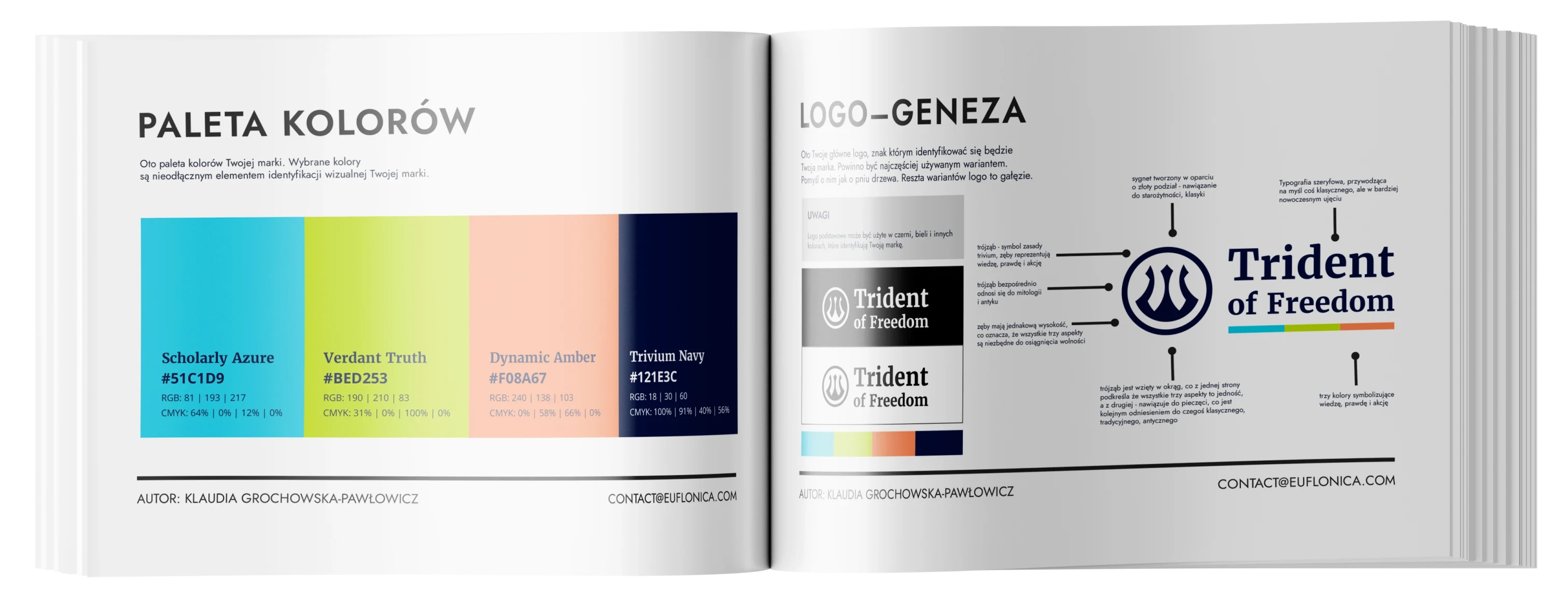 Brand Book Trident of Freedom autorstwa Euflonica Klaudia Grochowska-Pawłowicz paleta kolorów geneza logo
